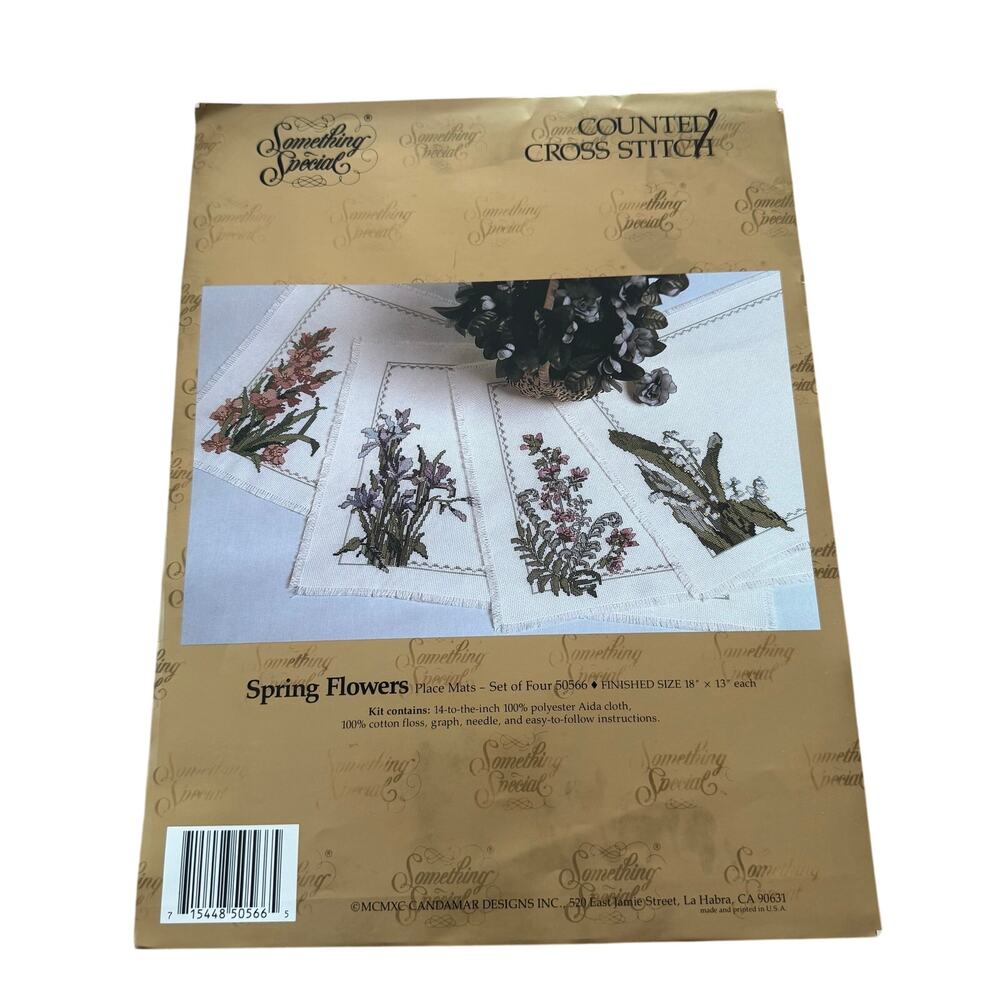 Vintage 1990 Floral Placemats Counted Cross Stitch Kit Set of 4 13x18" Candamar